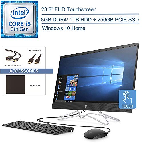 2020 HP 24 All in One 23.8″ FHD Touchscreen AIO Desktop Computer, 8th Gen Intel Hexa-Core i5-8400T up to 3.3GHz, 8GB DDR4 RAM, 1TB HDD + 256GB PCIE SSD, DVDRW, AC WiFi, Windows 10, YZAKKA Accessories