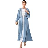IDOPIP Muslim Abayas for Women Long Sleeve Open Front Cardigan Rhinestone Applique Islamic Dubai Maxi Kaftan Dress with Belt