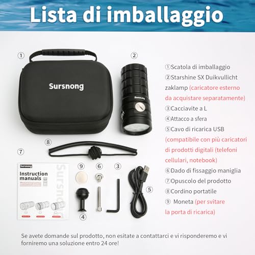 Sursnong SR 10000 Lumens Diving Video Torch - Professional Diving Flashlight with 95 CRI, 6500K White Light, for Diving/Underwater Photography/Videography (IP68 Waterproof, 120m Depth)