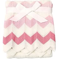 Cozyholy Elegant Knit Blankets Soft Baby Throw for Cribs Neutral Stroller Cover with Wide Ribbed Border for Girls Boys, 40x30 inch, Chevron (Pink)