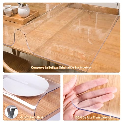 JoalGfda 1.5mm Mantel Individual de PVC Transparente, Resistente al Agua y al Aceite, Ideal para Mesas de Comedor, Mesas de Café, Escritorios y Tocadores (90x160cm)
