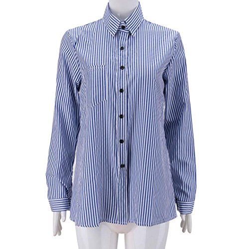 Nevera Women Striped Long Sleeve Loose V Neck Blouse Casual Ladies T Shirt Tops (L, Blue)