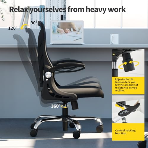HOLLUDLE Ergonomic Office Chair with Foldable Backrest, Computer Desk Chair with Widened Seat(52 CM), Flip-up Armrests, Mesh Lumbar Support and Tilt Function, Black