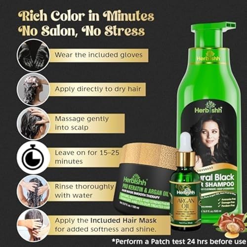 Herbishh After Color Shampoo Combo Contains Hair Color Shampoo Hair Dye 500Ml Argan Oil 30Ml Pro Keratin And Argan Hair Mask 100Gm For Hair Straightening, Shine And Protection For Men And Women(Black)