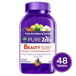 Image of Vicks PURE Zzzs Beauty Sleep Melatonin Sleep Aid tablets w/ Turmeric, Grape Seed Extract, Chamomile, Lavender, & Valerian Root, 1mg per tablet, 48 ct