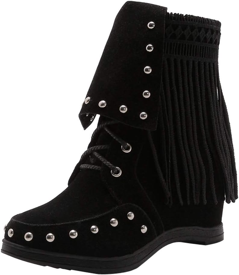 Kauneus Womens Tassel Studded Wedge Ankle Boot Boho Faux Suede Round Toe Hidden Wedges Lace Up Mid Calf Short Boot