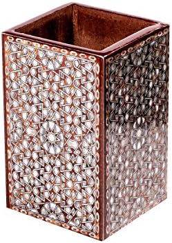 Scrafts Floral Wooden Pen Holder (Brown Geometric Print, 2.5x2.5x4 inch)