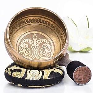 Tibetan Singing Bowl Set — Easy to Play with Cushion & New Dual-End striker for Holistic Healing, Calming & Mindfulness ~ Bronze Mantra Design