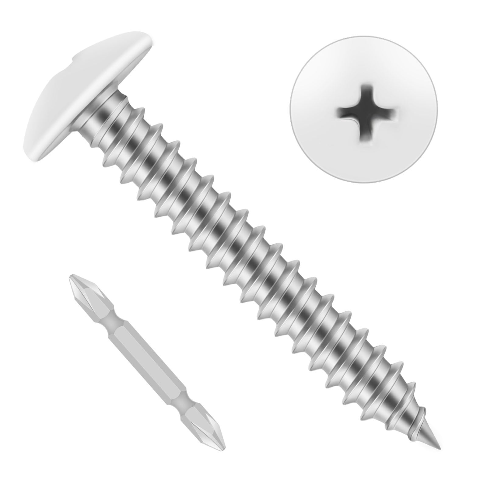 Photo 1 of #8 x 1 Wood Screws, Alloy Steel Truss Head Fast Self Tapping Screws, White Head, Full Thread, Screwdriver Bit Included, 100 PCS