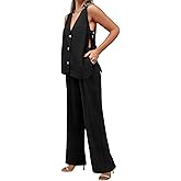 Tankaneo Womens 2 Piece Linen Sets Summer Outfits Sleeveless V Neck Botton Down Tank Tops and Pants Matching Set