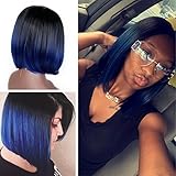 Lady Miranda Ombre Color Bob Wig Black to Blue Dark Roots Heat Resistant Synthetic Wigs No Bangs Wig for Women (Black&Blue)