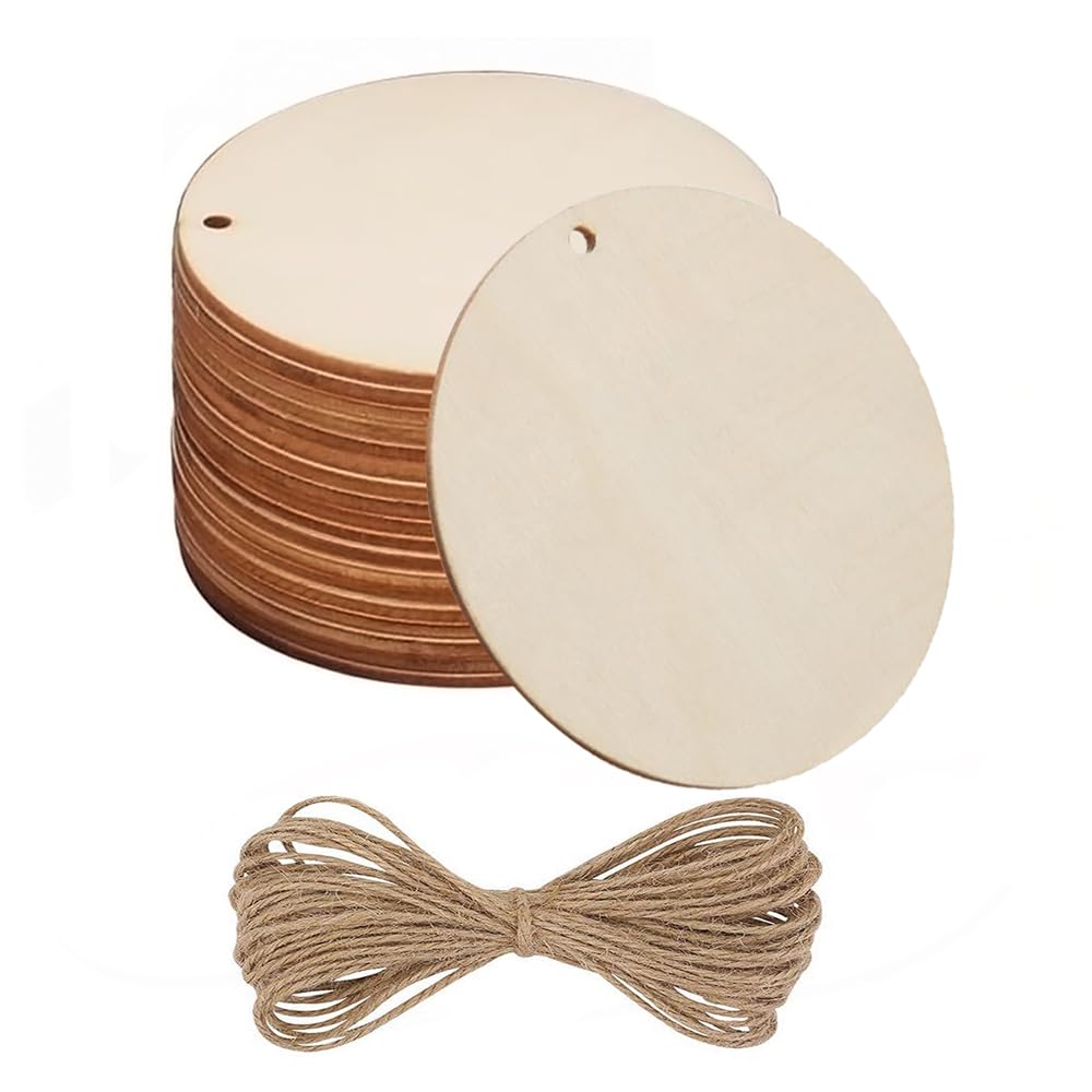 Wooden Slices with Holes,20 Pcs Round Wood Discs Wooden Circles,for DIY Crafting Arts Paintin Gift Tag Wedding Party Decor,with 10m Natural Twine