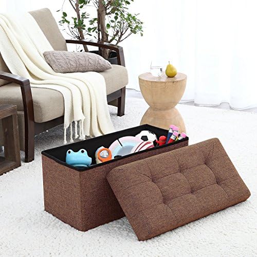 Ellington Home Foldable Tufted Linen Large Storage Ottoman Bench Foot Rest Stool/Seat - 15" x 30" x 15" (Brown)