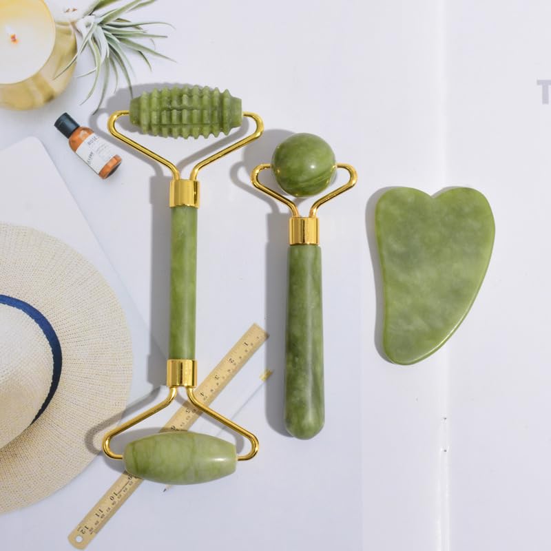 3-in-1 Natural Jade Roller & Gua Sha Facial Kit for Anti-Aging, Wrinkle Reduction & Skin Glow