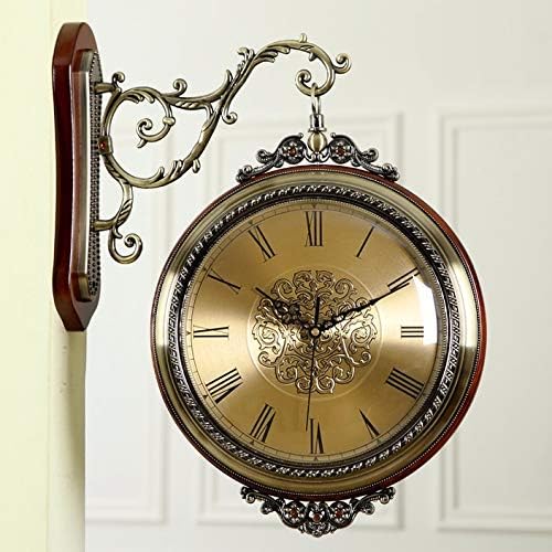 Imoerjia Living Room European-Style Two-Sided Clock Mute Wall Table Solid Wood Metal Double Sided Wall Clocks American Creative Clock Quartz Clock, 16 Inch, B