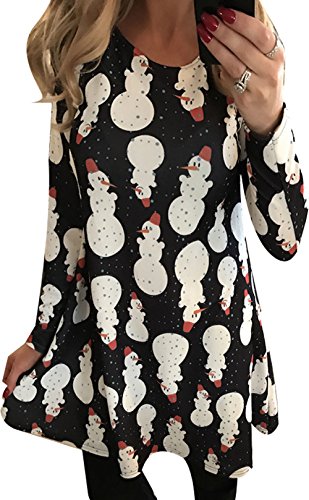 Women Flared Printed Long Sleeve Swing Mini Dress Xmas Snowman 2XL