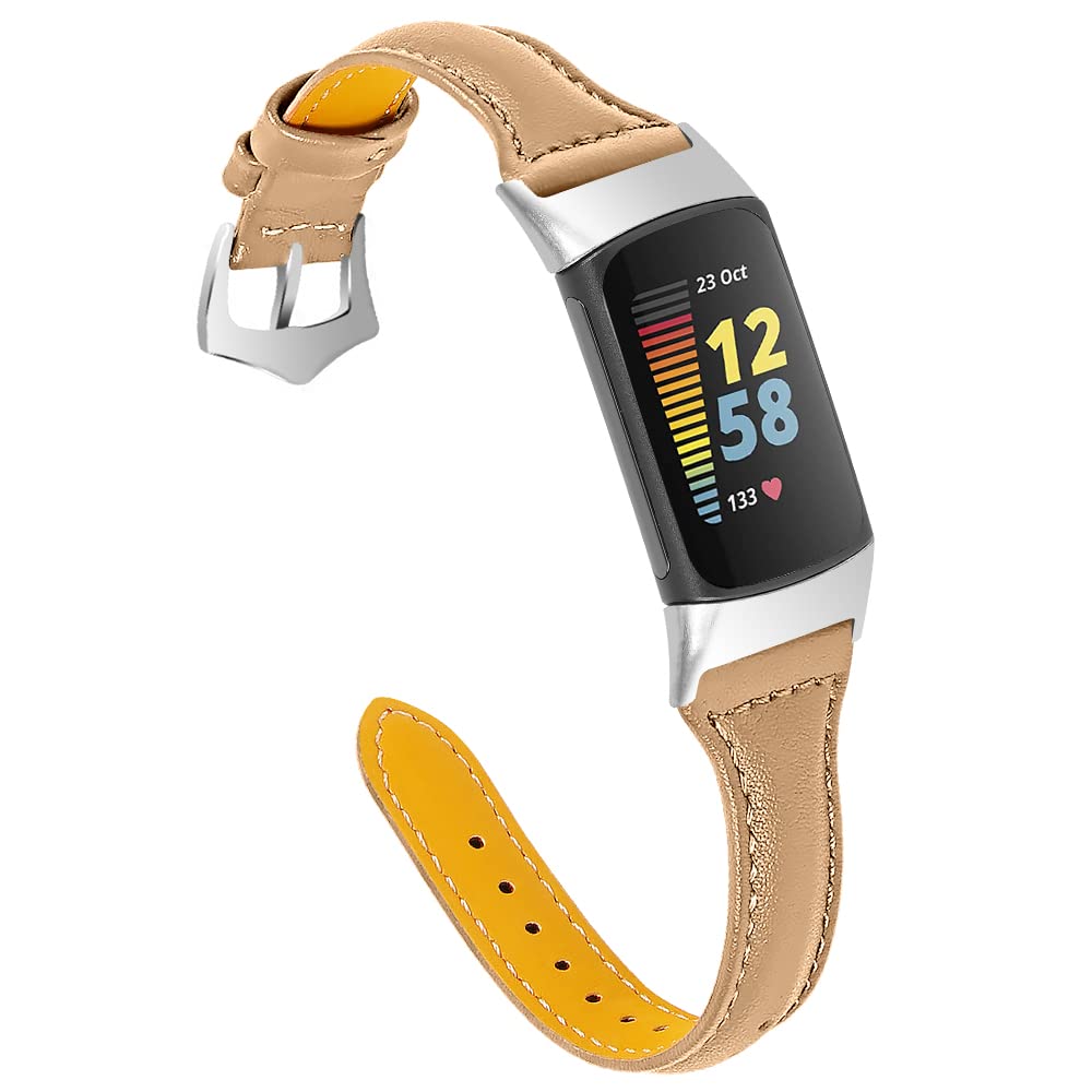 Gimuk Leather Strap Compatible with Fitbit Charge 5 Strap, Women Men Genuine Sport Band Replacement Watch Wristband Bracelet for Fitness Tracker (Matte Coffee), Small/Large (C5WF691AA/G)