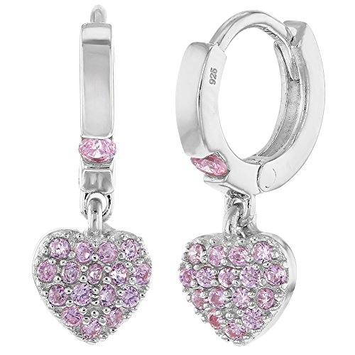 925 Sterling Silver CZ Small Hoop Dangle Heart Baby Girl Kids Earrings