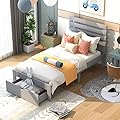 Merax Classic Wood Platform Bed Frame with Headboard and Drawers/Wood Slat Support/No Box Spring Needed/Easy Assembly, Twin Grey