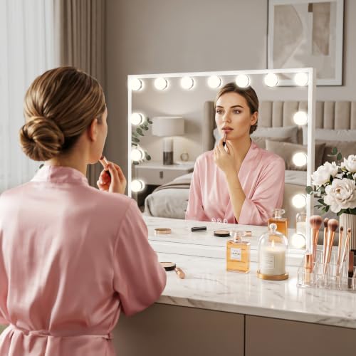 FENCHILIN Vanity Mirror with Lights, Hollywood Lighted Makeup Mirror with 15 Dimmable LED Bulbs for Dressing Room & Bedroom, Slim Metal Frame Design, White
