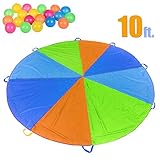 Parachute 12 Foot for Kids with 8 Sturdy Handles, Kids’ Play Tent Picnic Mat Blanket for Outdoor Activities, Group Games in School Daycare Party Park, Include 20 Colorful Plastic Balls