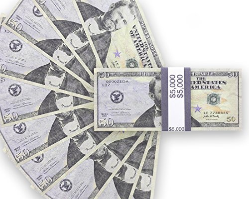 Realistic Double Sided Prop Money - Set of 100 $50 Dollar Bill Total $5,000 with Black Currency Strap - Full Print Paper Cash for Movie, TV, Videos, Pranks, Advertising & Novelty, 6.25 x 2.5 inches