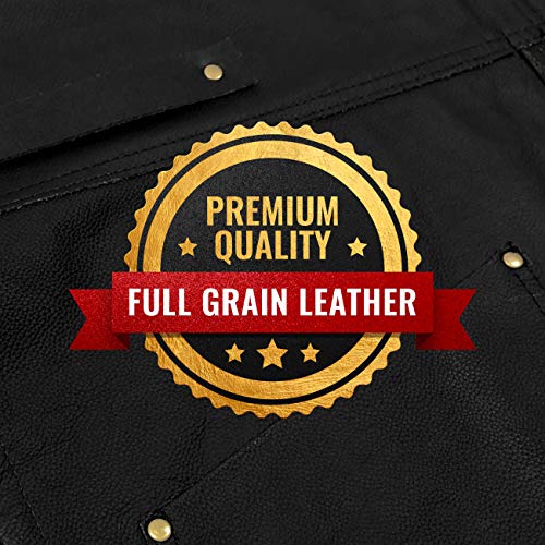 Under NY Sky Real Leather Apron - Black Leather Body, Pockets and Crossback Straps - Split-Leg, Lined - Adjustable for Men and Women - Pro Chef, Barista, Barber, Woodworker, Shop, Bartender, Maker