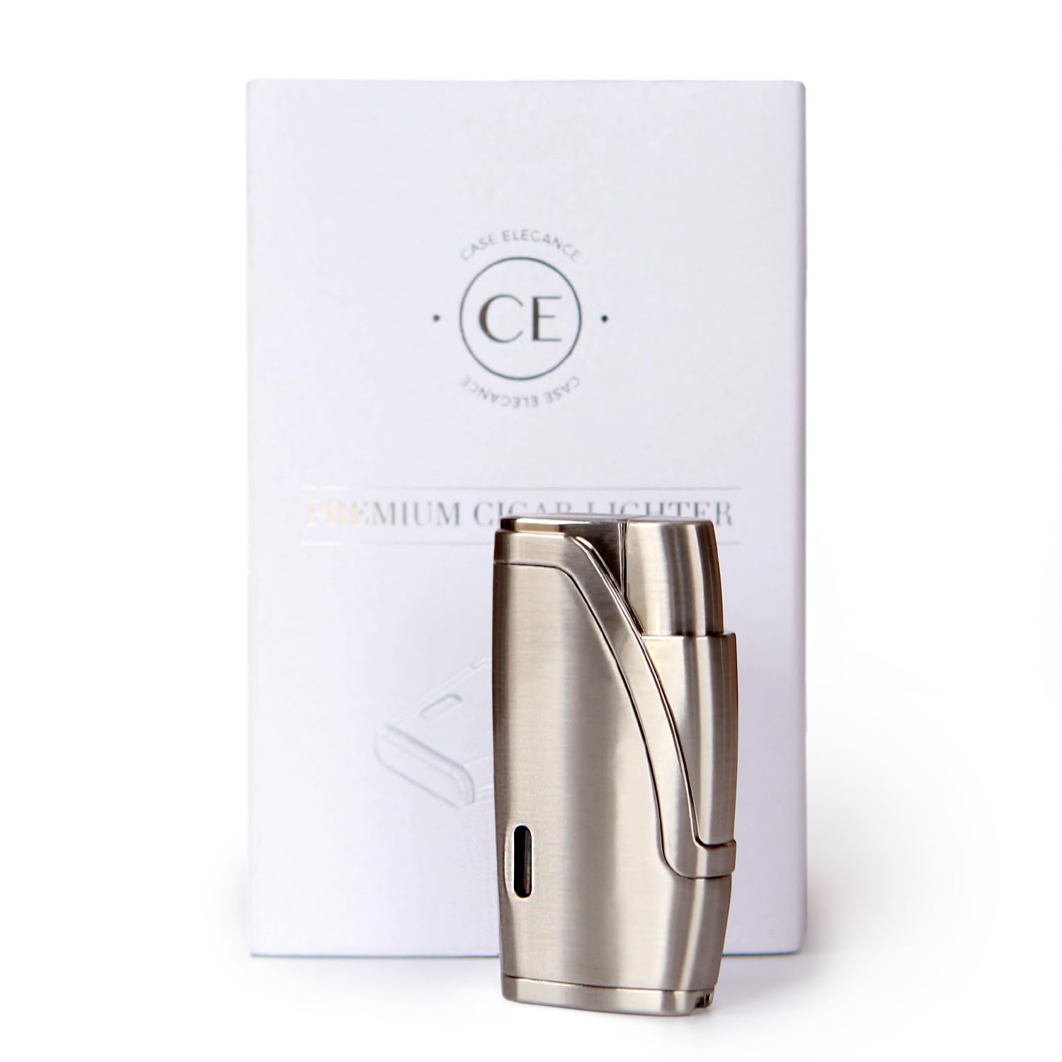 CASE ELEGANCE Brushed Stainless Steel Finish with Double Torch Cigar Lighter