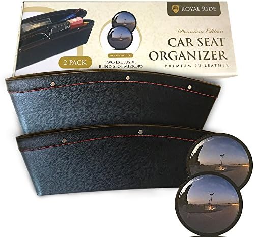 Car Seat Side Organizer with 2 Pockets 2 Pack Premium PU Leather 2 FREE Blind Spot Mirrors Best Side Caddy Gap Filler and Catcher Fits to All Car Models | Keep Your Car Clean | Easy to Install | Black