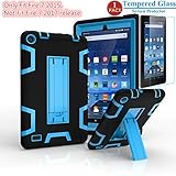 Fire 7 2015 Case,Fire 7 Case With Tempered Glass Screen Protector,I-VIKKLY [Kickstand] Heavy Duty Hybrid Shockproof Case For Amazon Fire 7 Inch Tablet (5th Generation - 2015 release) (Black+Blue)