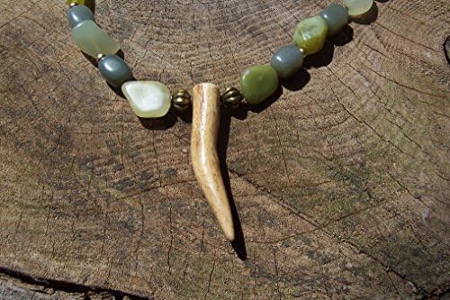 23” Antler Pendant (3”) Necklace with Brass Spacer Beads and fasteners, and a mix of Green Jade, Aventurine, Prase Quartz, and Tree Agate Beads.