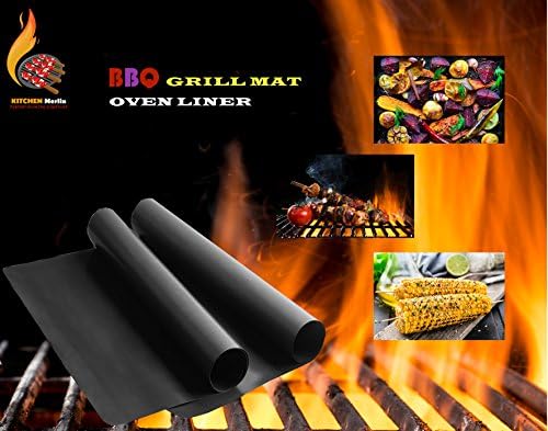 Kitchen Merlin BBQ Grill Mat Set of 2 - Oven Liner, XL Size 19.7x13.8 Inches - Use on Gas, Charcoal and Electric Barbecue Grills - Order includes eBook BBQ Secrets!