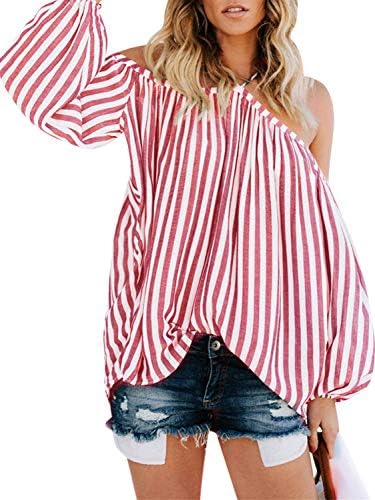 D Jill Women's Striped Off Shoulder Halter Blouse Long Sleeve Shirt Top Blouse Loose