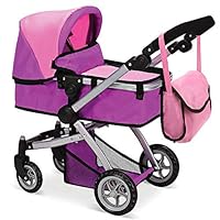 Mommy & Me Doll Collection Babyboo Deluxe Doll Pram Color Pink and Purple with Swiveling Wheels & Adjustable Handle and Free Carriage Bag - 9651B Pink And Purple