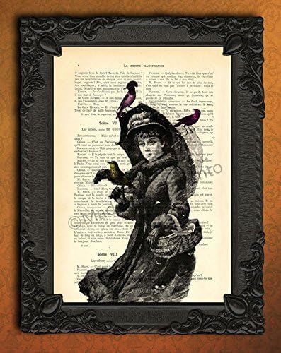 Victorian lady with umbrella and basket artwork Woman and birds winter poster