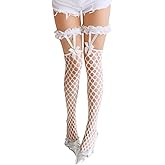 ShawGobow Fishnet Stockings With Bow,Sexy Sheer Thigh High Socks Women,Lace Garter Tights Date Night Christmas