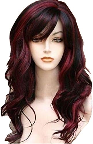 Hair Long Wigs Wavy Curly 24 Inches Glamorous Women Black Red Highlights Cosplay Wig (Black - Red)