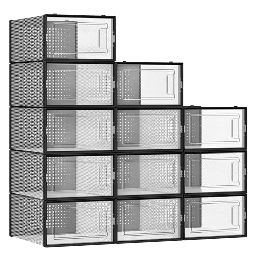 SONGMICS Cajas de Zapatos Plástico, Juego de 12 Organizadores de Almacenamiento, Caja Zapatero Plástico Plegable y Apilable para Zapatillas hasta talla 44, Transparente y Negro MLSP006B12