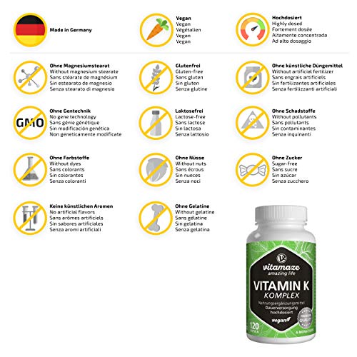 Vitamin K Komplex hochdosiert & vegan, K1 1.000 mcg + K2 Menaquinon (1.000 mcg MK4 + 200 mcg MK7), 120 Kapseln für 4 Monate, beste Bioverfügbarkeit, Made in Germany – Bild 7