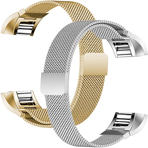 For Fitbit Charge 2 Bands, Humenn Stainless Steel Milanese Loop Metal Replacement Accessories Bracelet Strap with Unique Magnet Lock for Fitbit Charge 2 HR Large Small, Silver, Black, Gold, Rose Gold