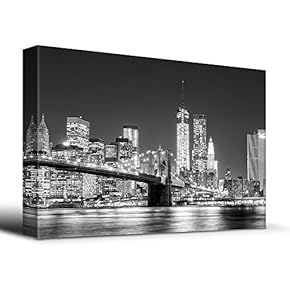 Black and White Manhattan Skyline and Brooklyn Bridge - Canvas Art Home Art - 12x18 inches