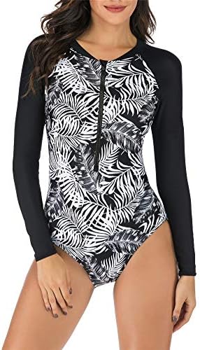 Women's Long Sleeve Swimsuit - Tummy Control Bathsuit/Divingwear with Preformed Softcups and Shaping Effect Ruffles