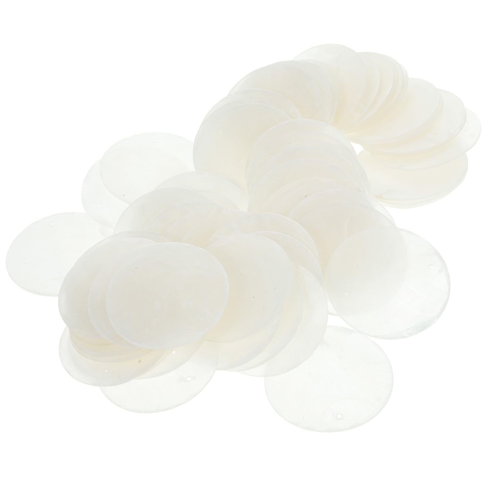 Happyyami 100pcs Natural Capiz Round Cut Seashell Capiz Shell Windchime Flat Mussel Shells Coin with Double Holes for Christmas