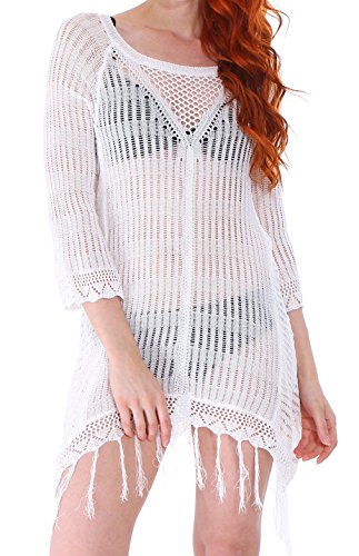 EPYA Women s Kintted Tassel Beach Dress Swimwear Beach Cover Up White