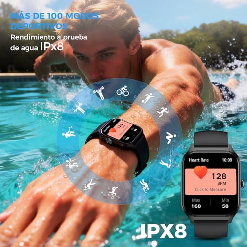HUSEYTA Reloj Inteligente Hombre Mujer con Llamadas Bluetooth, Smartwatch 1.83" IPX8, Pulsera Actividad con Pulsómetro, Sueño, Compatible iPhone Android Negro(2 Correas: Silicona + Tejida)