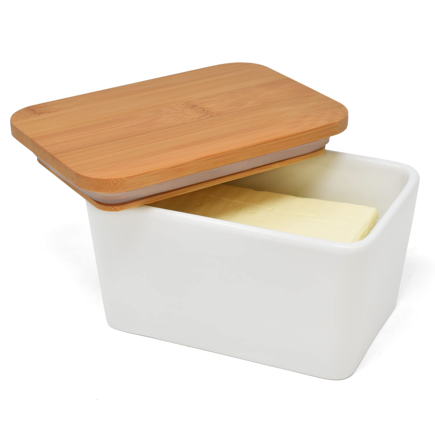 Joeji's Butter Dish with Lid – 500ml Ceramic Butter Dish for Countertop or Fridge – Porcelain Butter Container with Bamboo Lid & Removable Silicone Seal – Keeps Butter Fresh