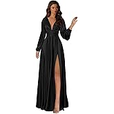 Fashionbride Long Sleeve Satin Bridesmaid Dresses A Line Prom Dress Split Pleated Formal Evening Dress with Pockets AP03