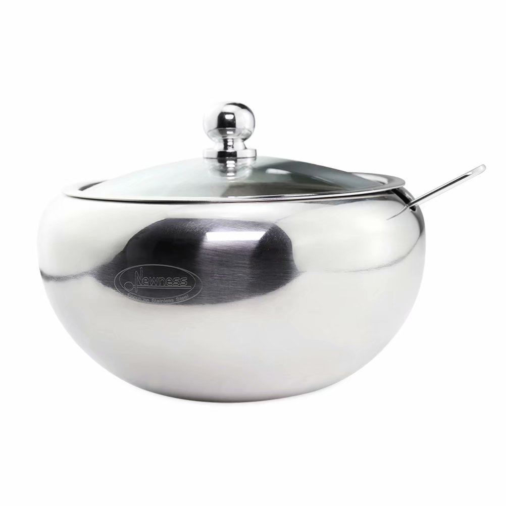 Newness Stainless Steel Sugar Bowl with Clear Lid(for better recognition) and Sugar Spoon for Home and Kitchen, Drum Shape, 15 Ounces(440 Milliliter)