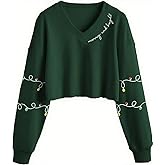 FKQRXO Women V-Neck Winter Christmas Crop Sweatshirt Funny Xmas Believe Christmas Tree Merry and Bright Graphic Pullover Tops