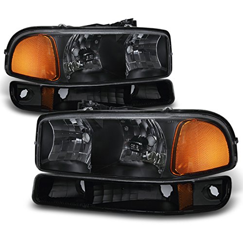 For Black Bezel 99-06 Sierra 00-06 Yukon Headlights Replacement + Bumper Signal Light Lamps 4pcs Set